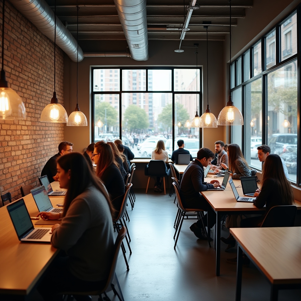 Wide shot of Argentine urban professional environment, modern city buildings with freelancers working in a contemporary co-working space