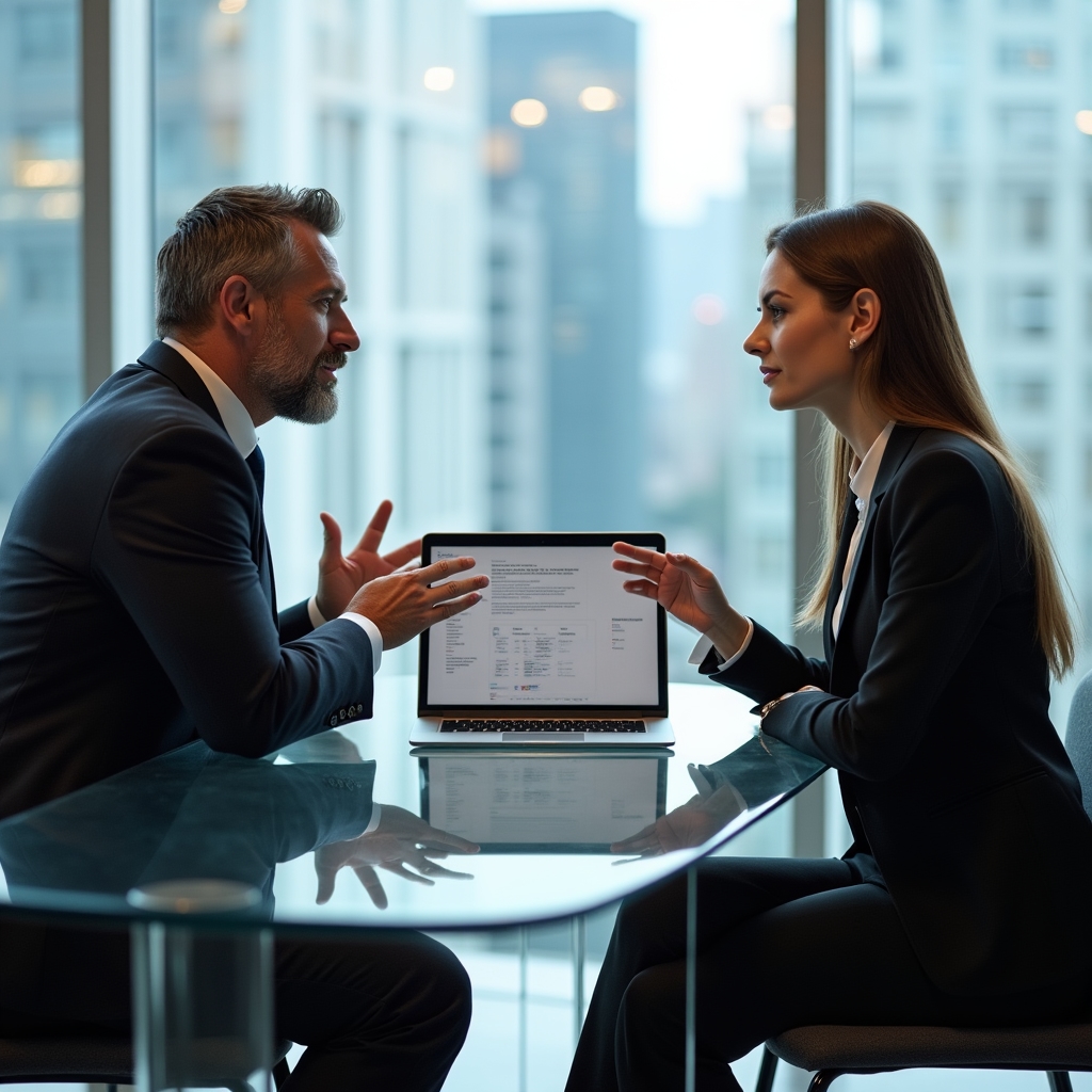 Business consultant in a professional meeting with a client, reviewing documents and discussing strategy