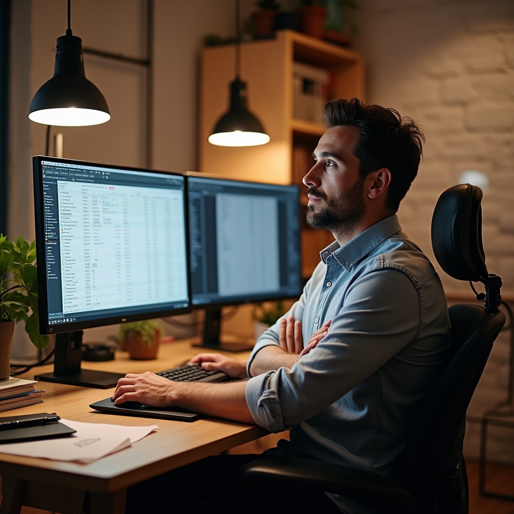 Freelance graphic designer working at a modern workstation with design tools and monitors