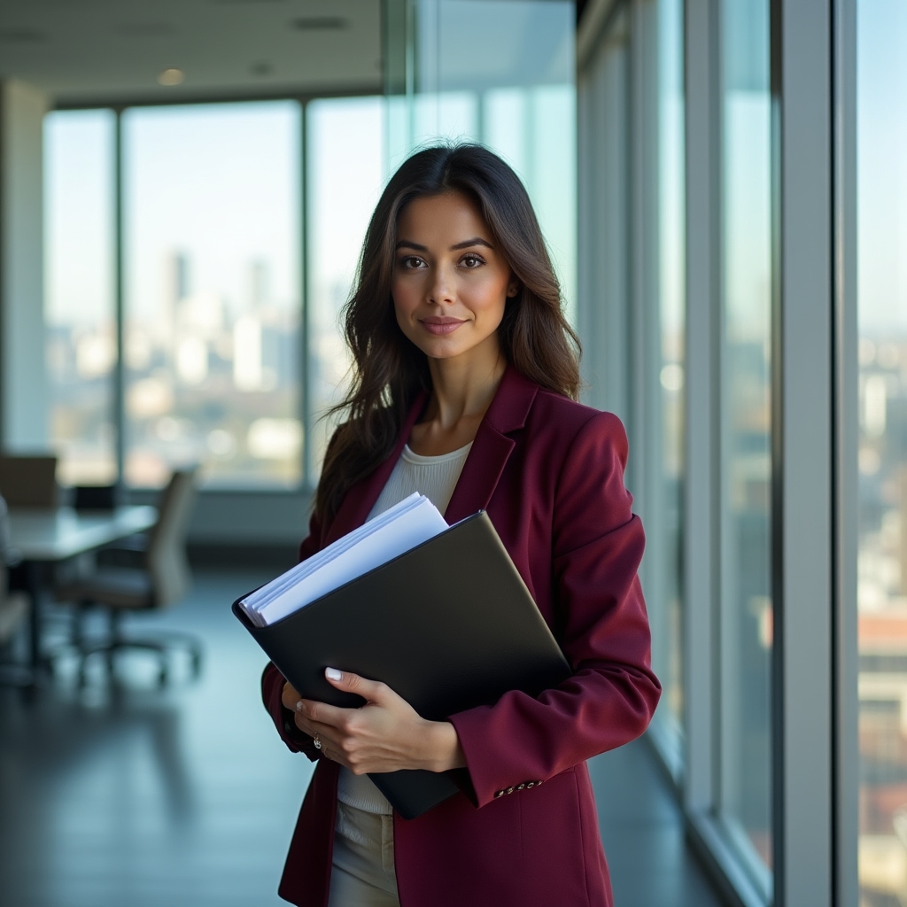 Independent professional working independently in a modern glass office, reviewing documents with focused expression