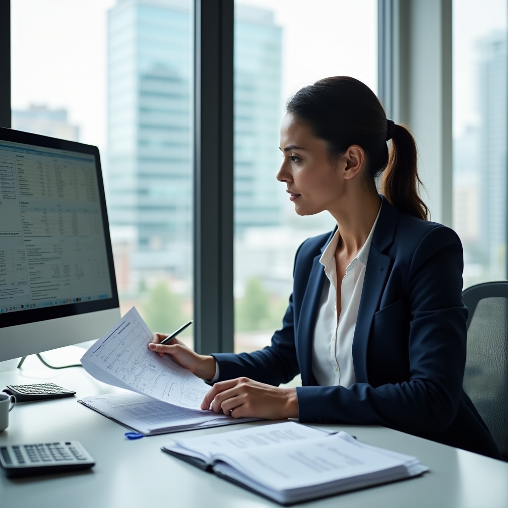 Independent professional carefully reviewing financial documents and calculating hourly rates at a modern desk