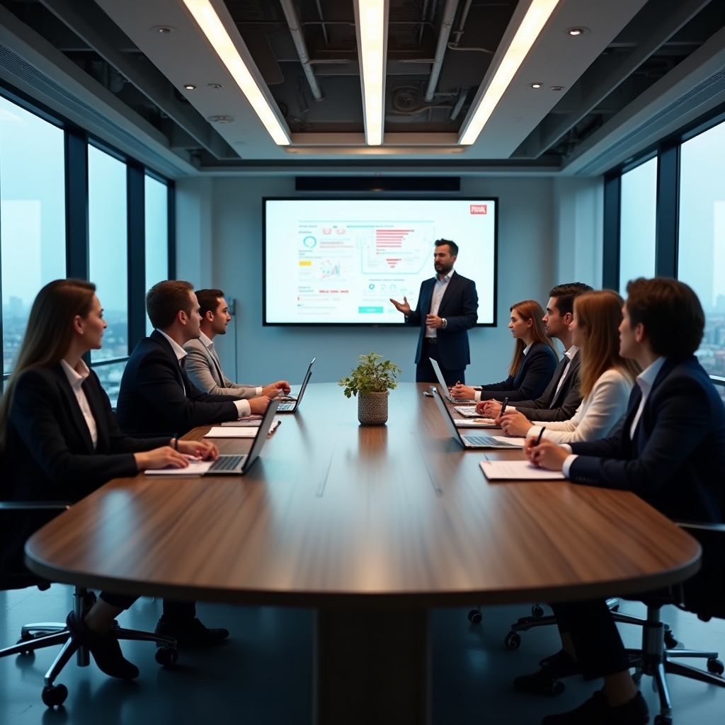 Corporate training session with a team of professionals seated around a conference table, engaged in a structured workshop