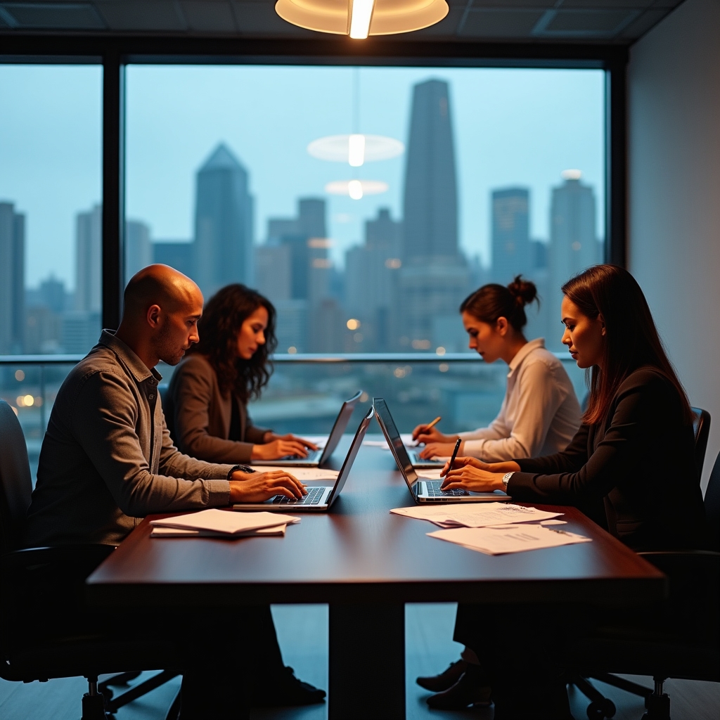 Professionals working through pricing calculations in an intensive workshop setting