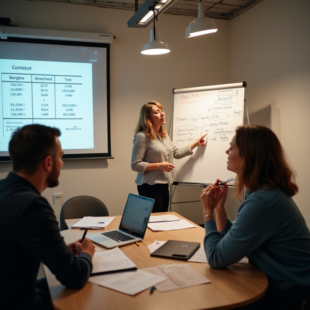 Small group of professionals in an intensive workshop session, working at tables with documents and laptops in a focused collaborative environment